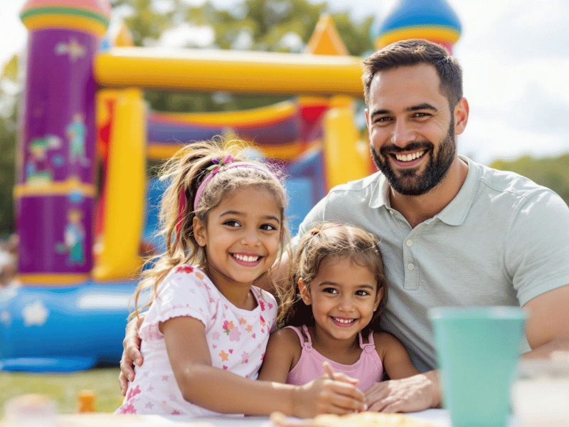 Happy family with children at church inflatable event