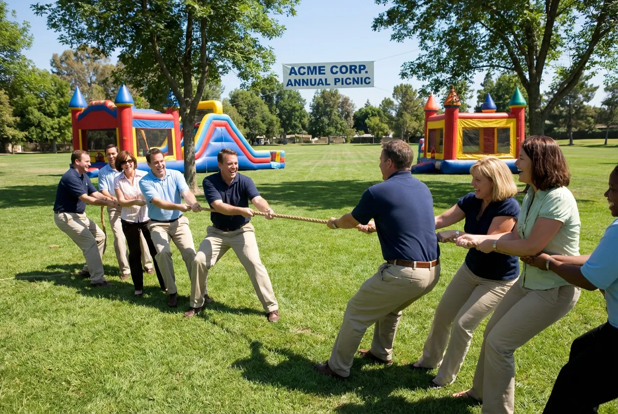 Team building tug of war at corporate picnic with inflatables in background