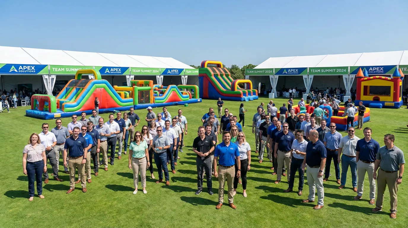 Large corporate event setup with multiple inflatable attractions